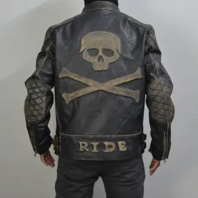 Men's Skull Embossed Black Distress VIntage Motorcycle Genuine Leather Biker Jacket