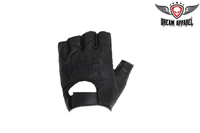 Motorcycle Fingerless Leather Gloves With Embroidered Black Flame