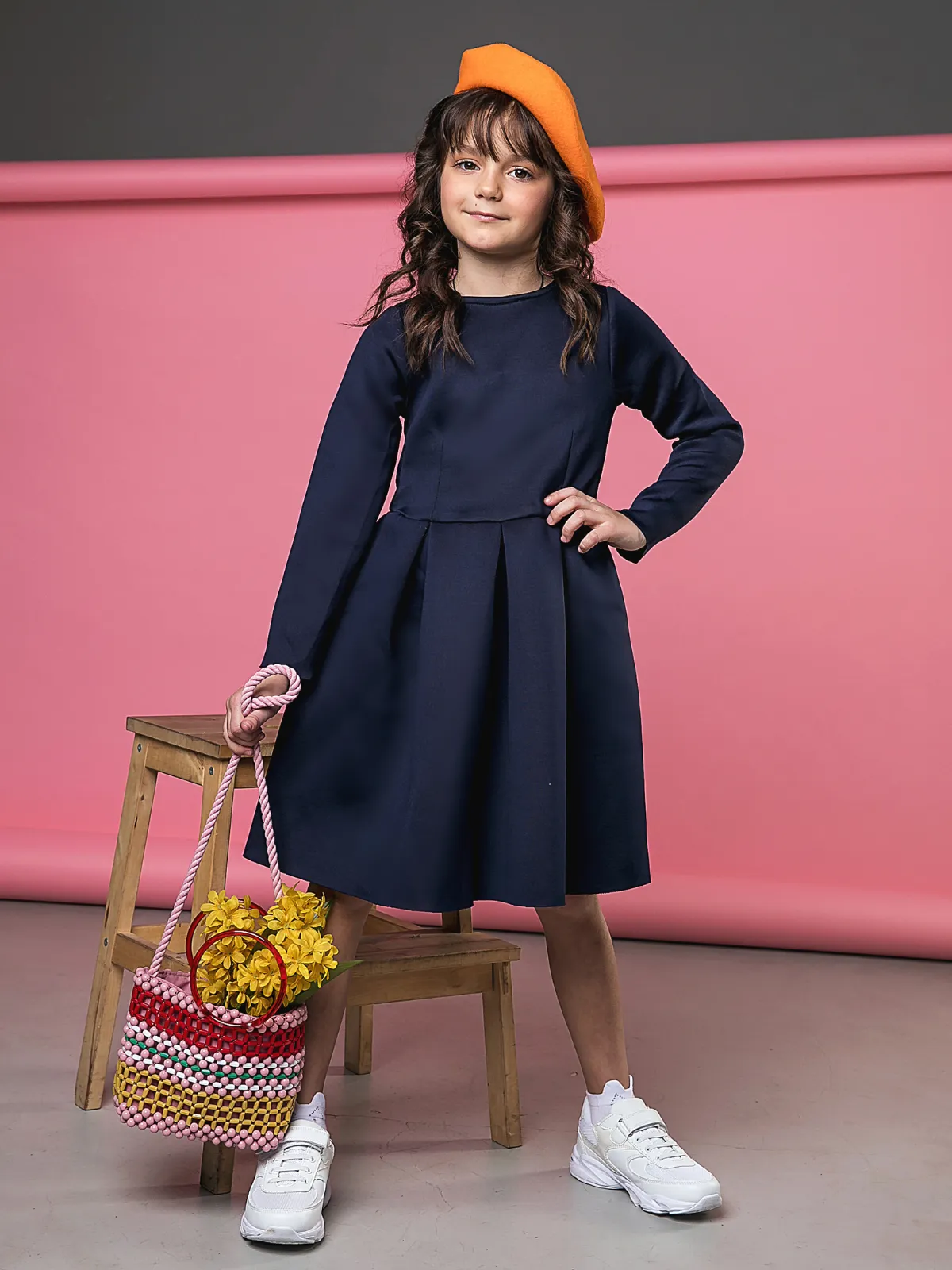 Navy Pleated Midi Dress by Kids Couture