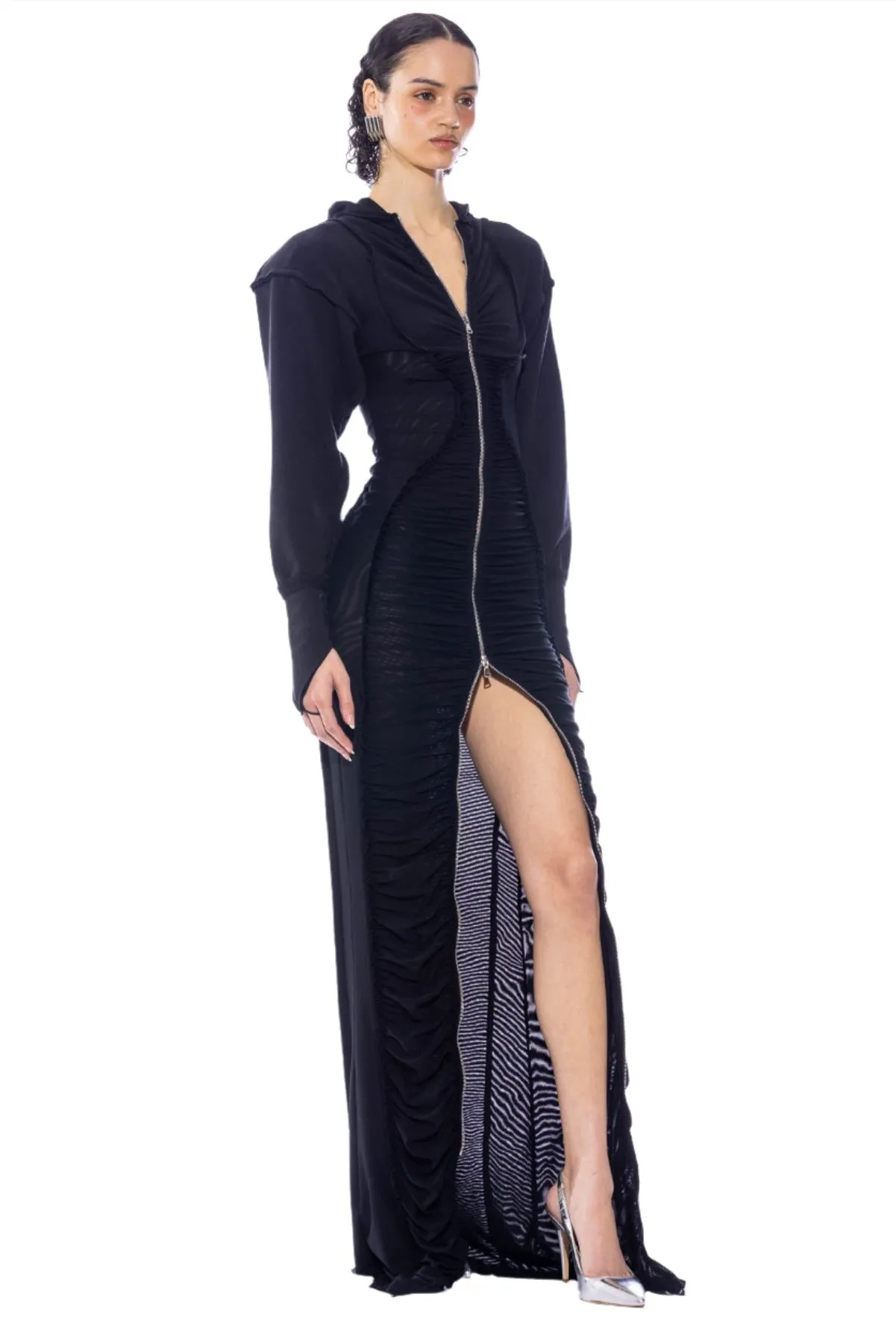 OPEN SEAM MESH HOODIE MAXI DRESS IN BLACK