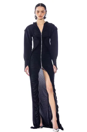 OPEN SEAM MESH HOODIE MAXI DRESS IN BLACK