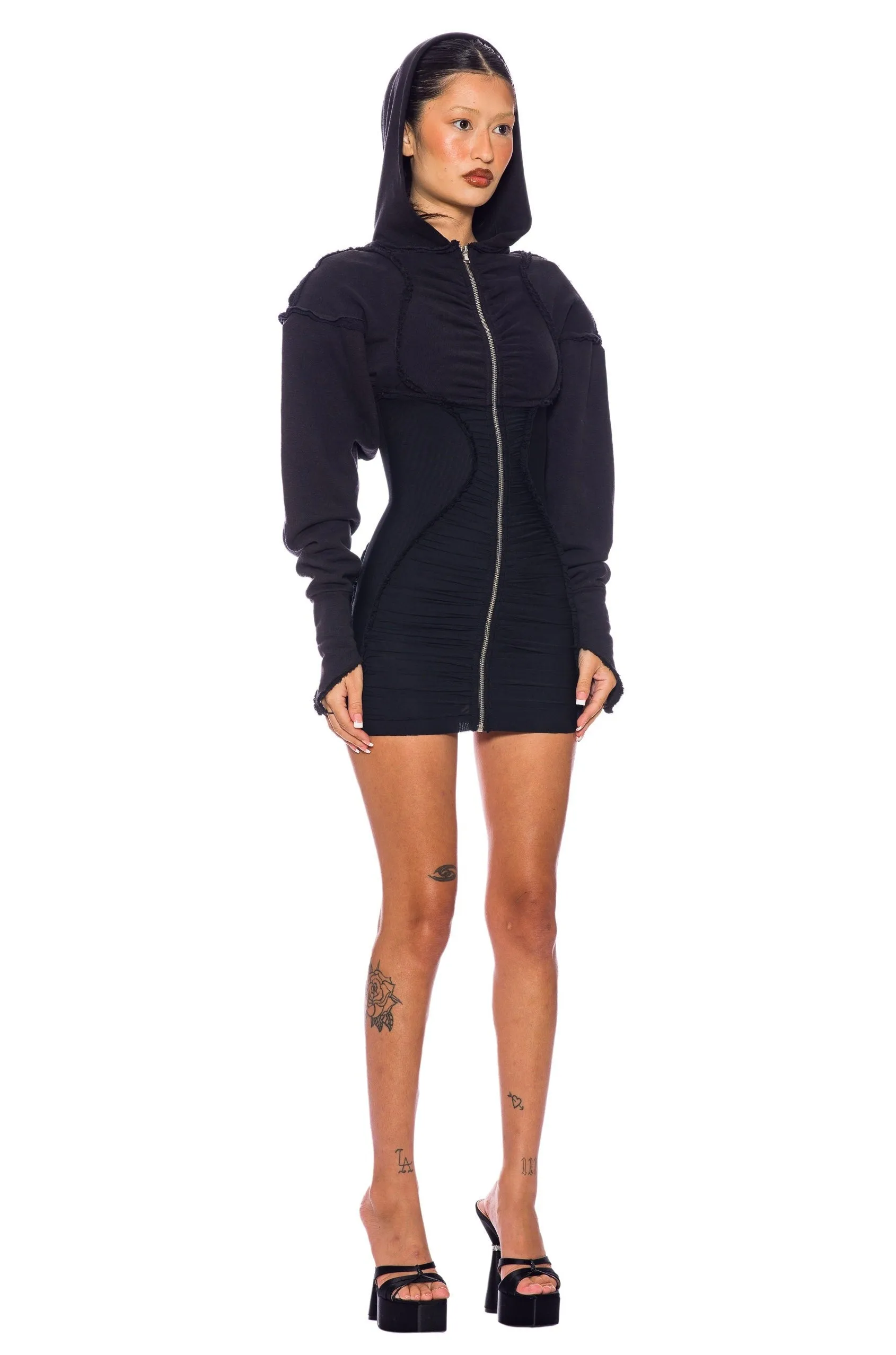 OPEN SEAM ZIP HOODIE DRESS IN BLACK