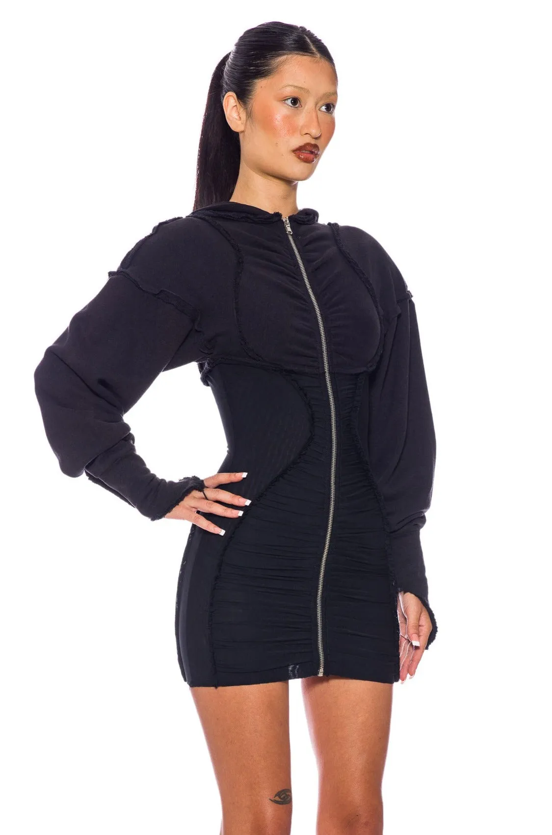 OPEN SEAM ZIP HOODIE DRESS IN BLACK