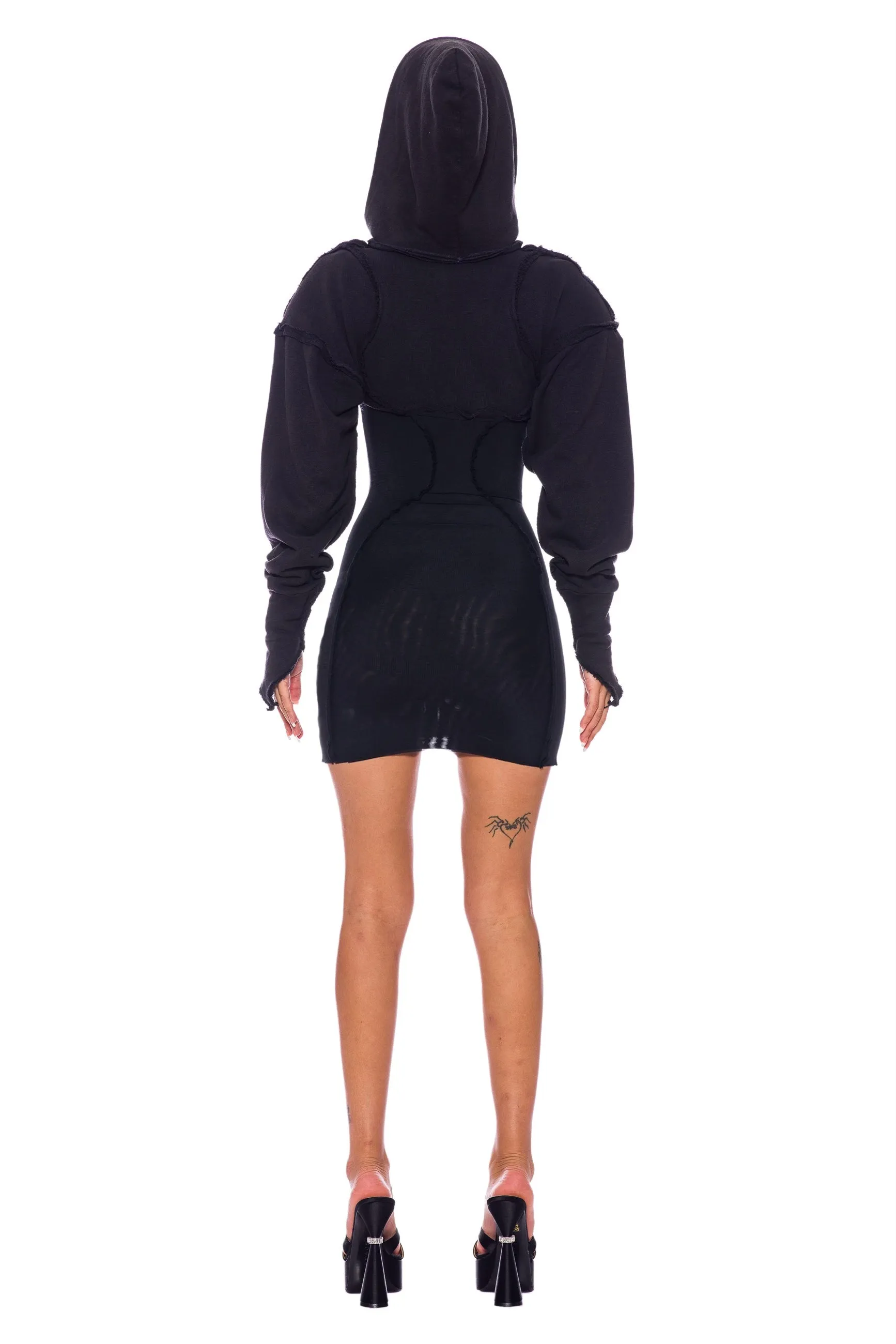 OPEN SEAM ZIP HOODIE DRESS IN BLACK