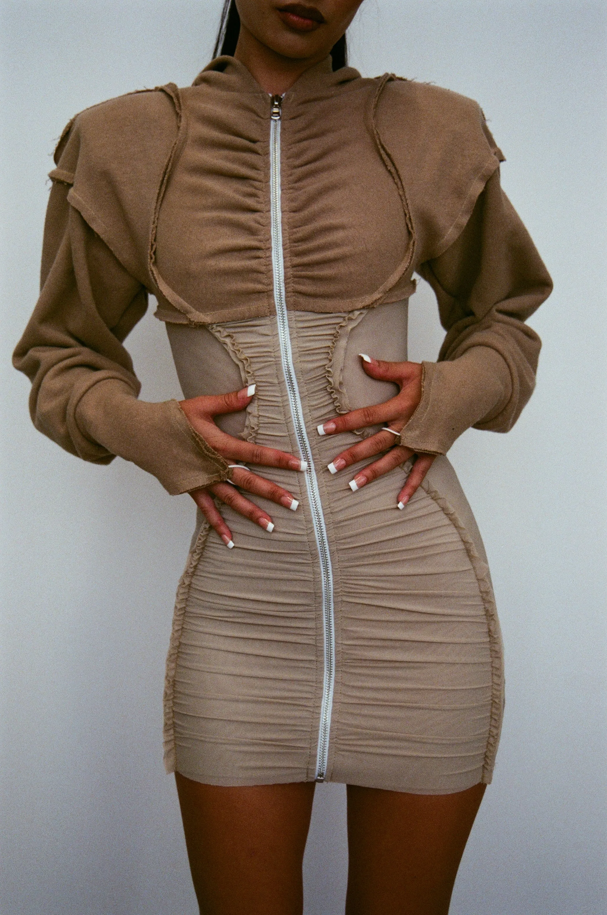 OPEN SEAM ZIP HOODIE DRESS IN TAUPE