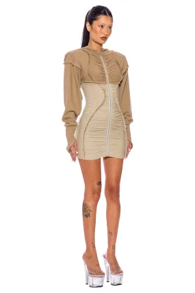 OPEN SEAM ZIP HOODIE DRESS IN TAUPE