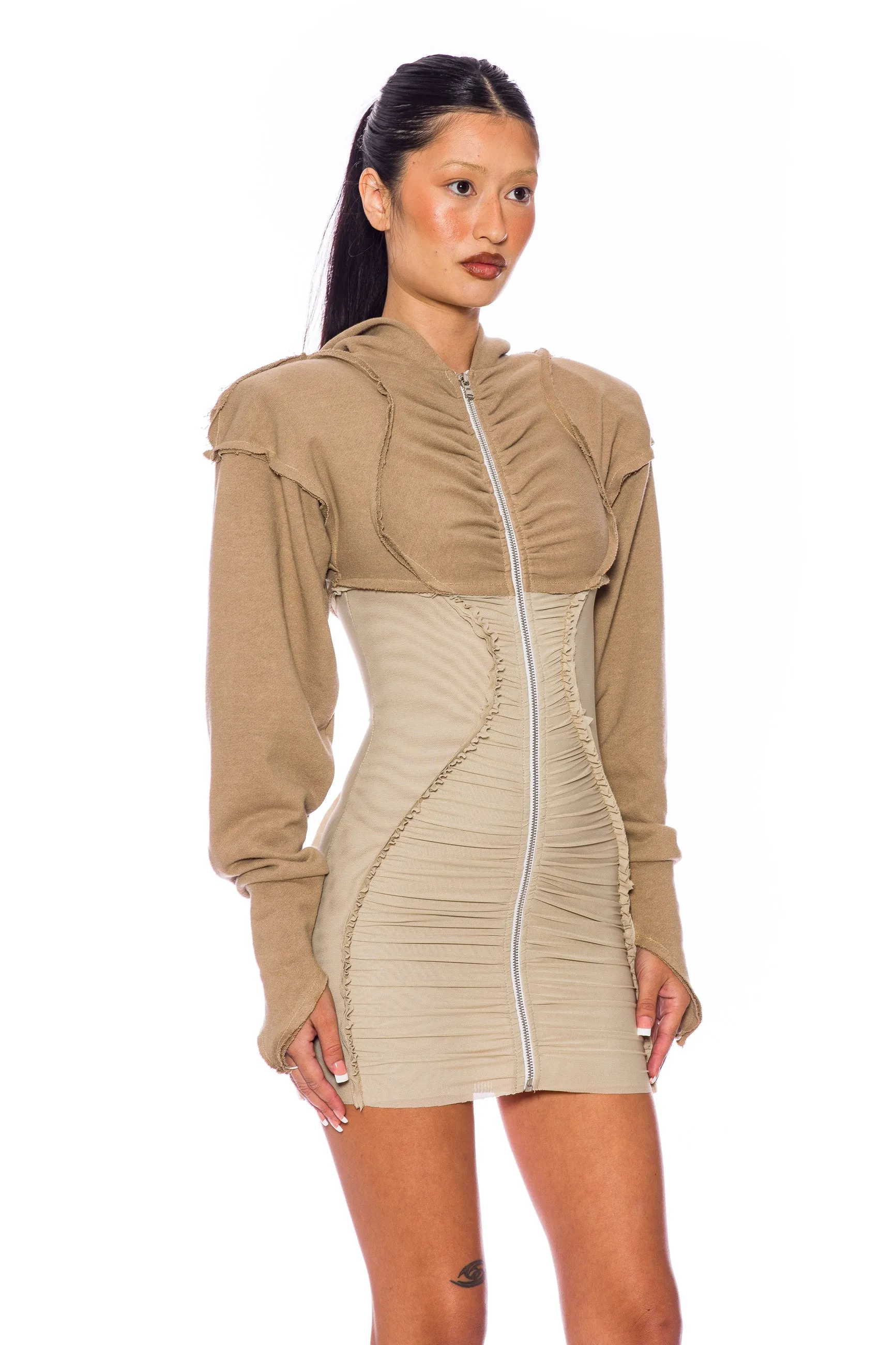 OPEN SEAM ZIP HOODIE DRESS IN TAUPE