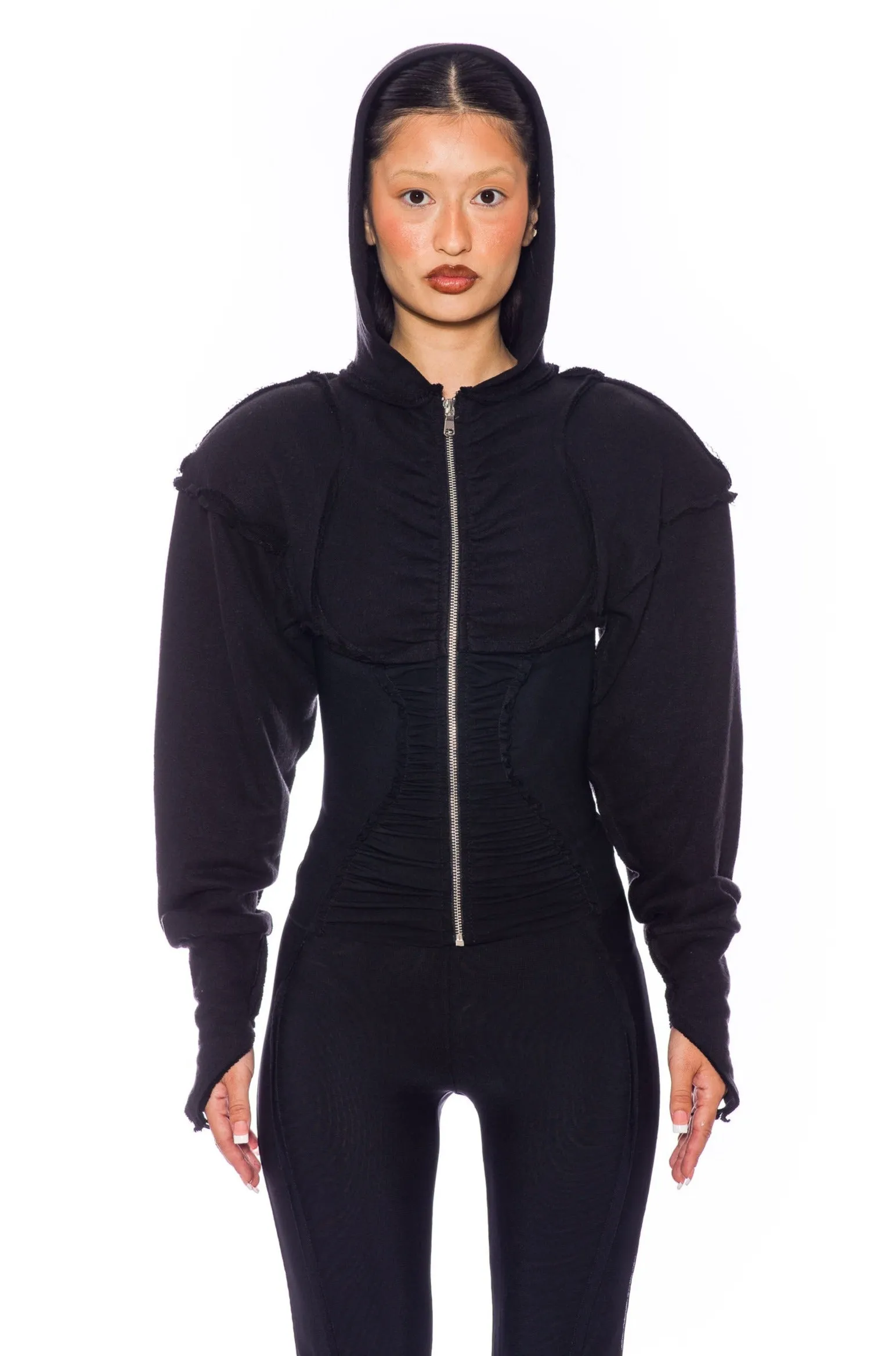 OPEN SEAM ZIP HOODIE IN BLACK