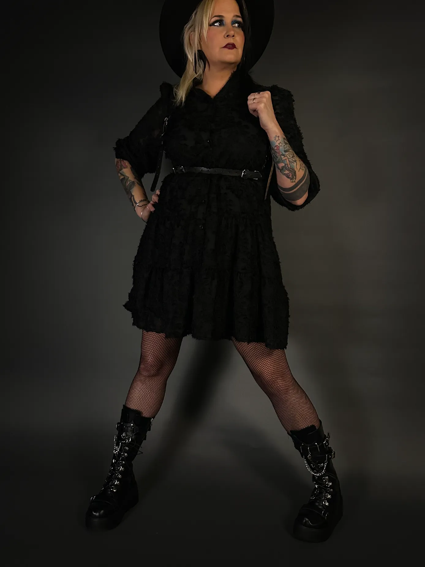 Outfit Set - Black Long Sleeve Button-up Goth Dress & Black Shoulder Harness Belt