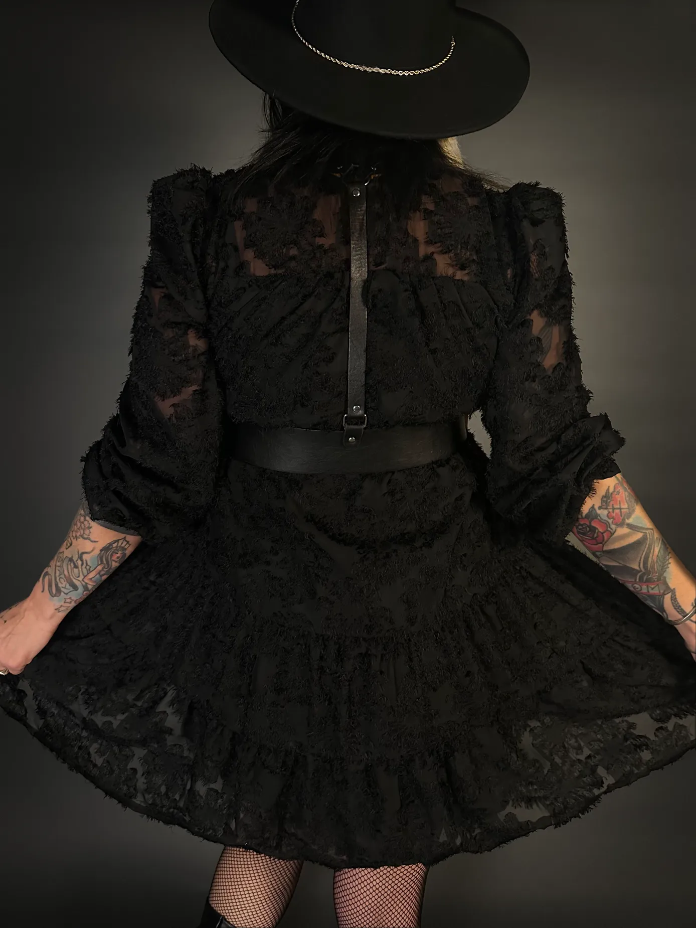 Outfit Set - Black Long Sleeve Button-up Goth Dress & Black Shoulder Harness Belt