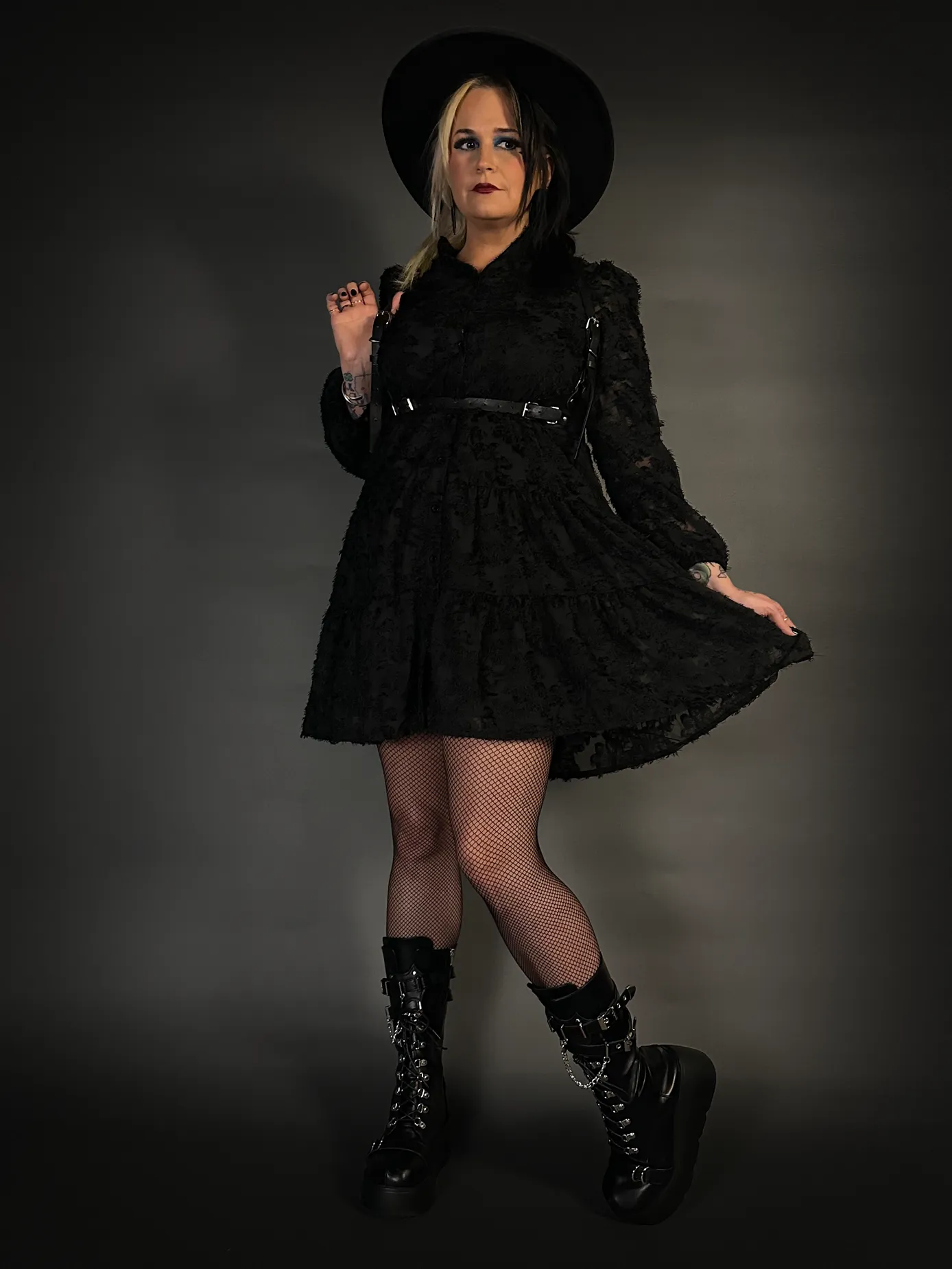 Outfit Set - Black Long Sleeve Button-up Goth Dress & Black Shoulder Harness Belt