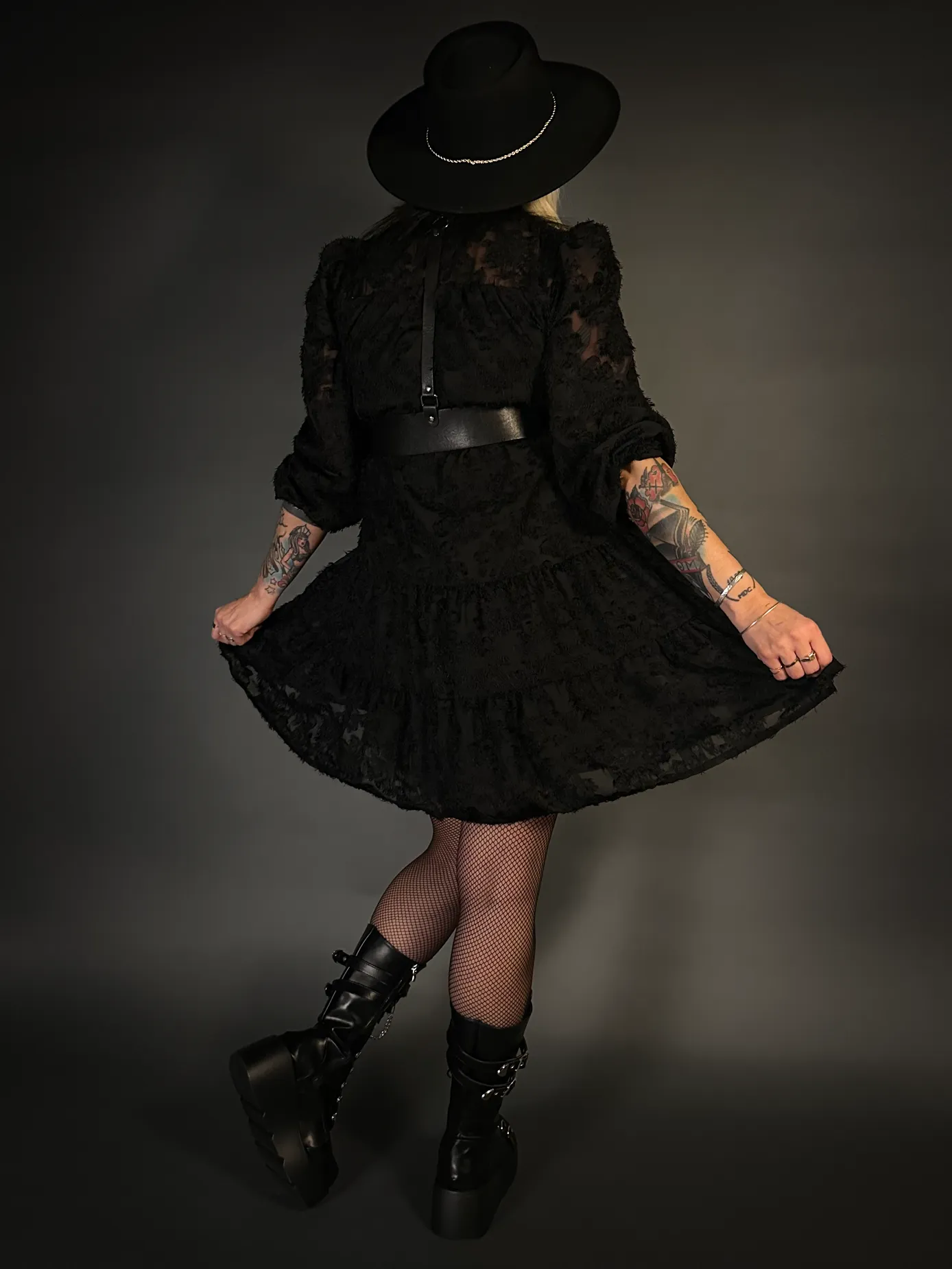 Outfit Set - Black Long Sleeve Button-up Goth Dress & Black Shoulder Harness Belt