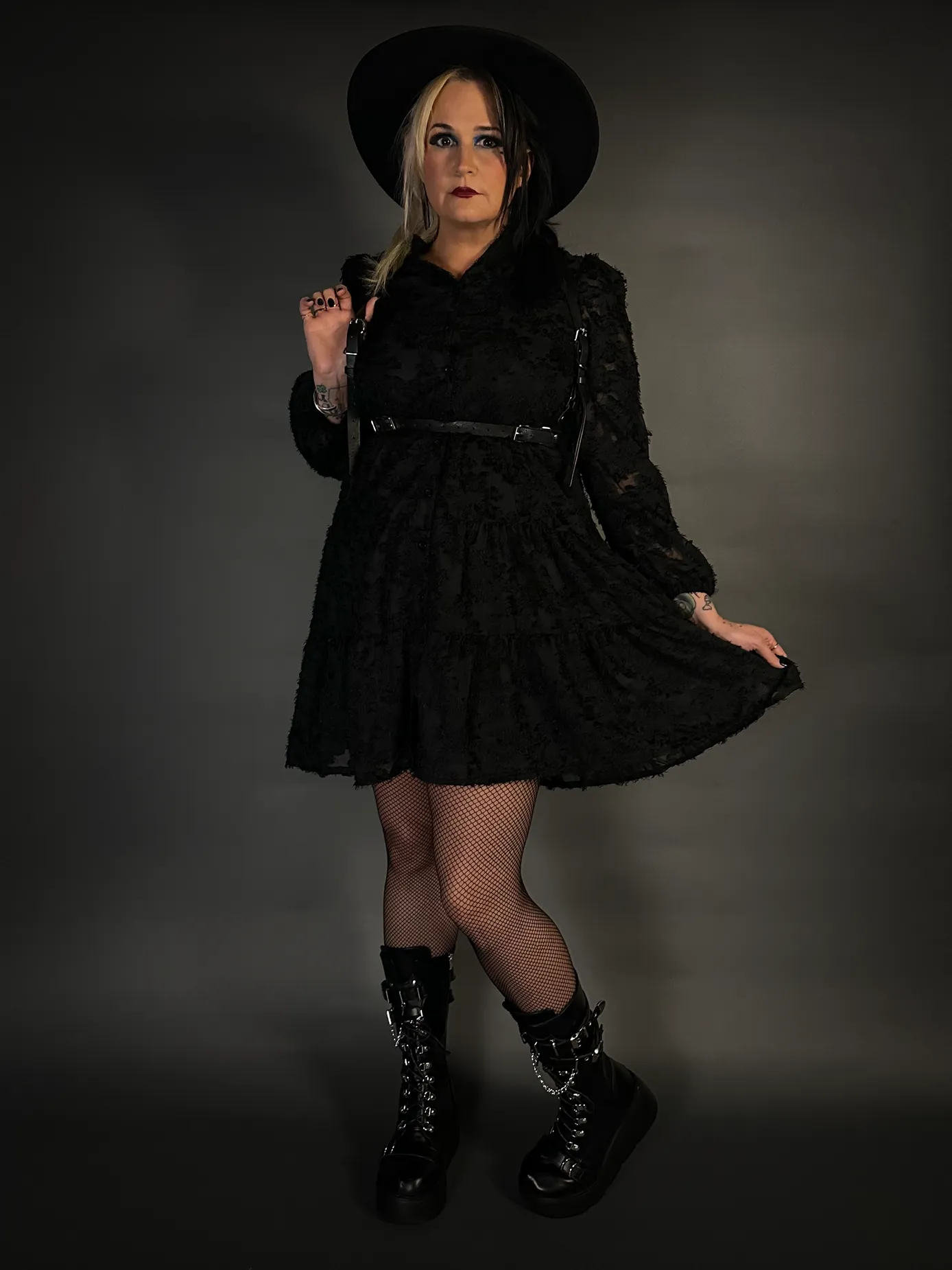 Outfit Set - Black Long Sleeve Button-up Goth Dress & Black Shoulder Harness Belt