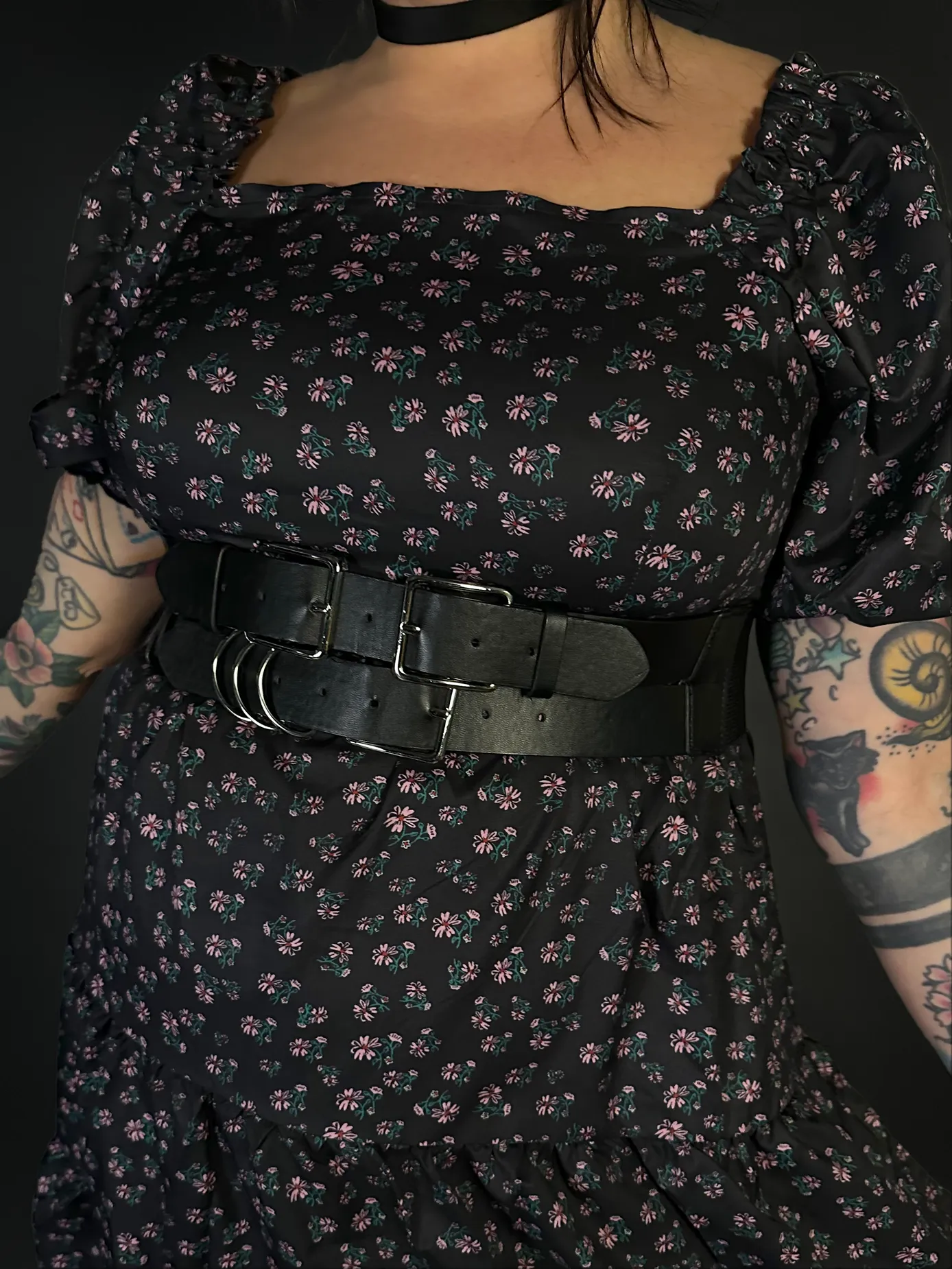 Outfit Set - Floral French Layered Square Neck Dress & Double Strap Corset Belt