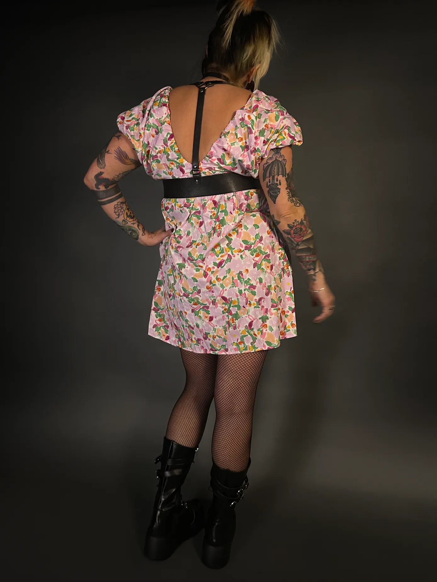 Outfit Set - Puff Sleeve Deep V Neck Floral Fairy Dress & Black Shoulder Harness Belt