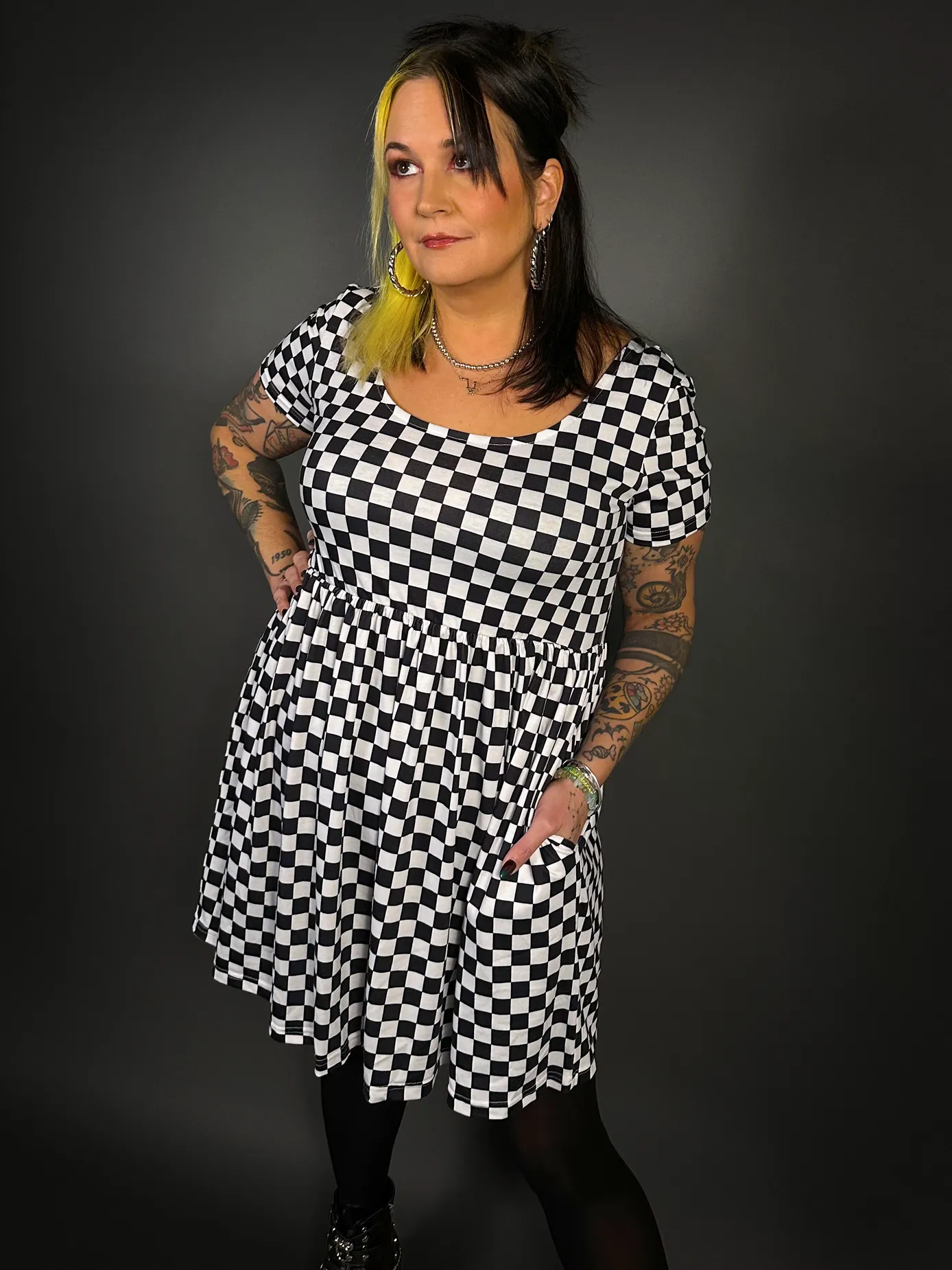 Outfit Set - Tommyrot Checkered Short Sleeve Skater Dress & Black Tights by Pamela Mann