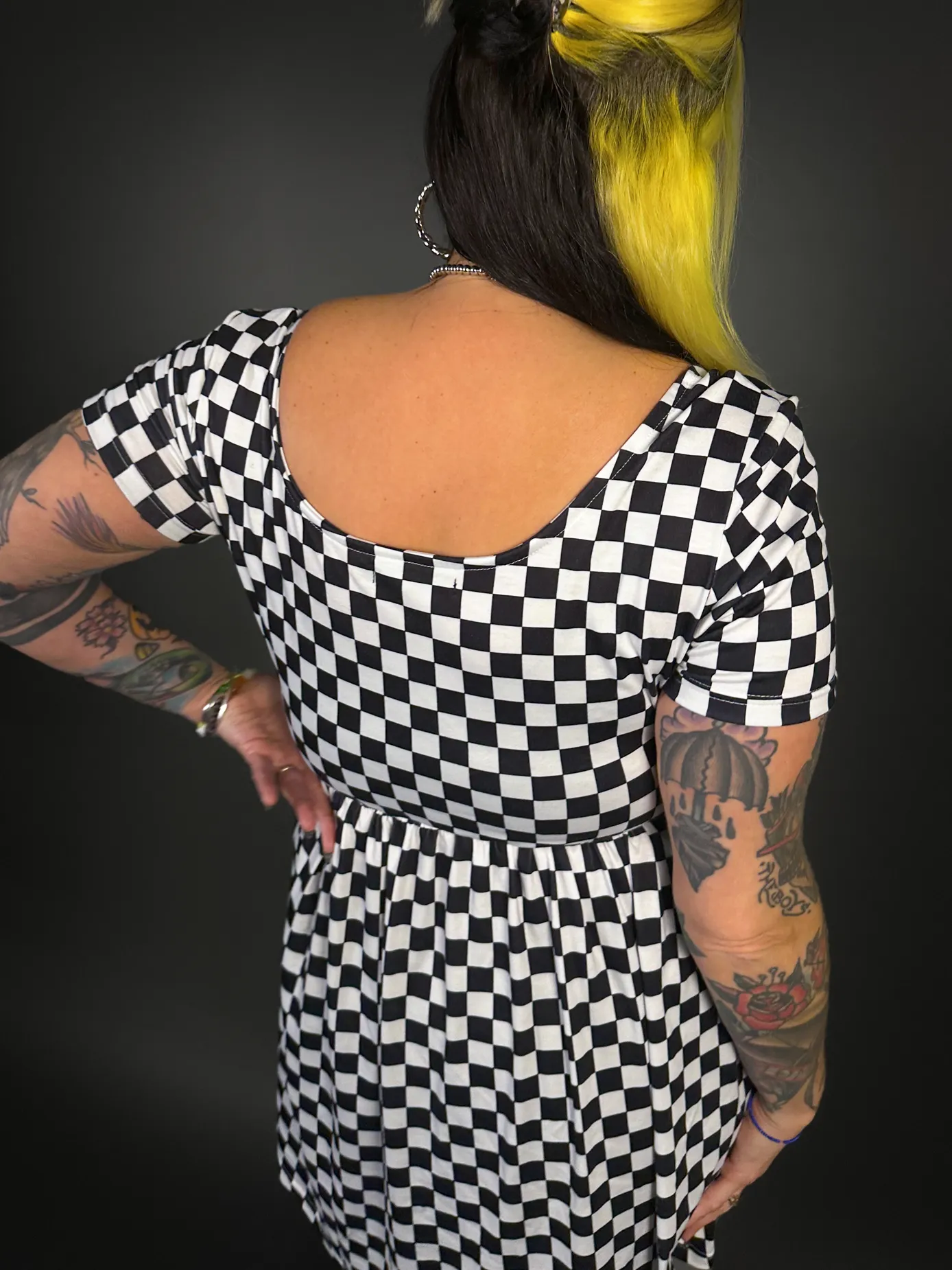 Outfit Set - Tommyrot Checkered Short Sleeve Skater Dress & Black Tights by Pamela Mann