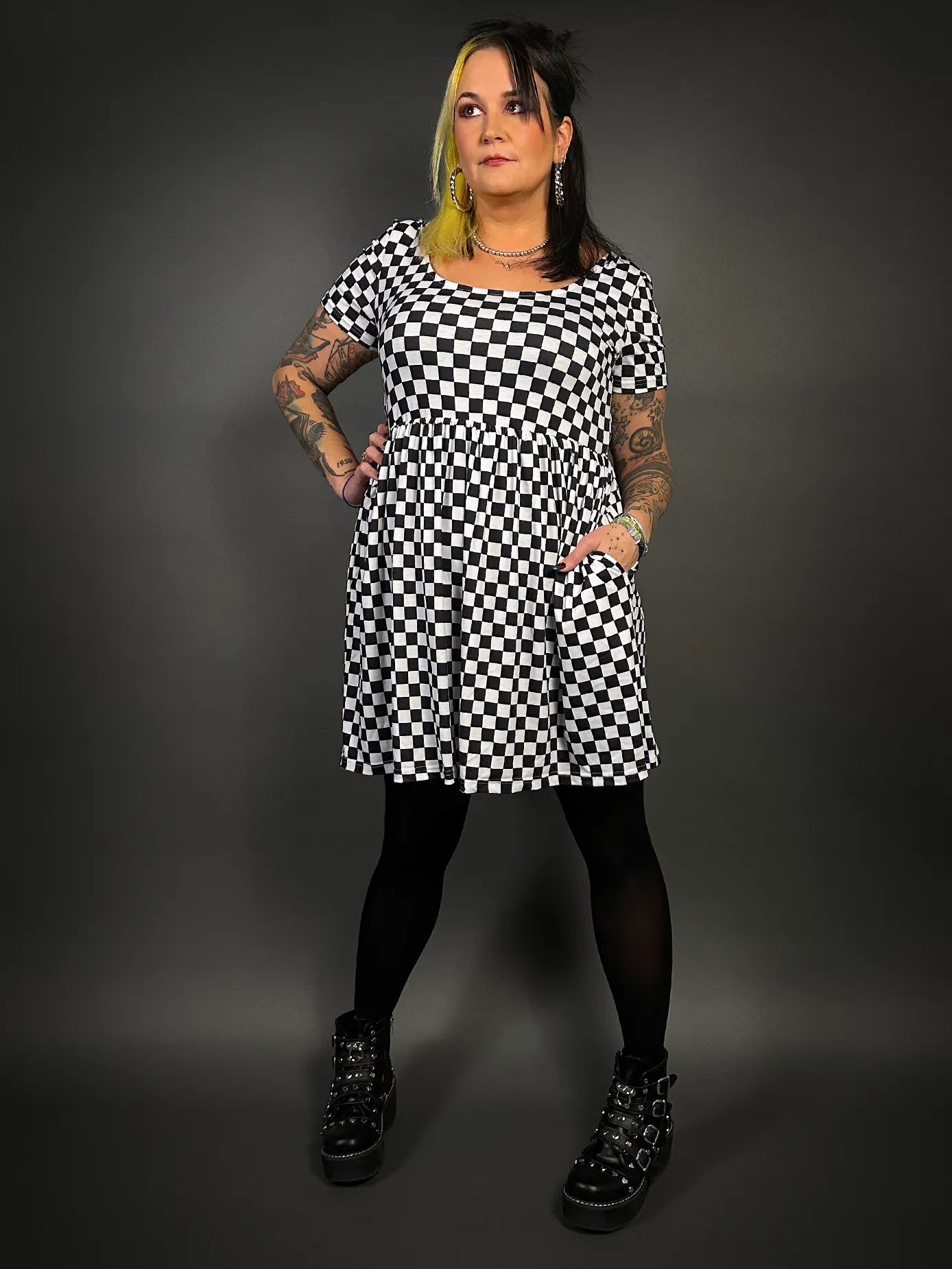 Outfit Set - Tommyrot Checkered Short Sleeve Skater Dress & Black Tights by Pamela Mann