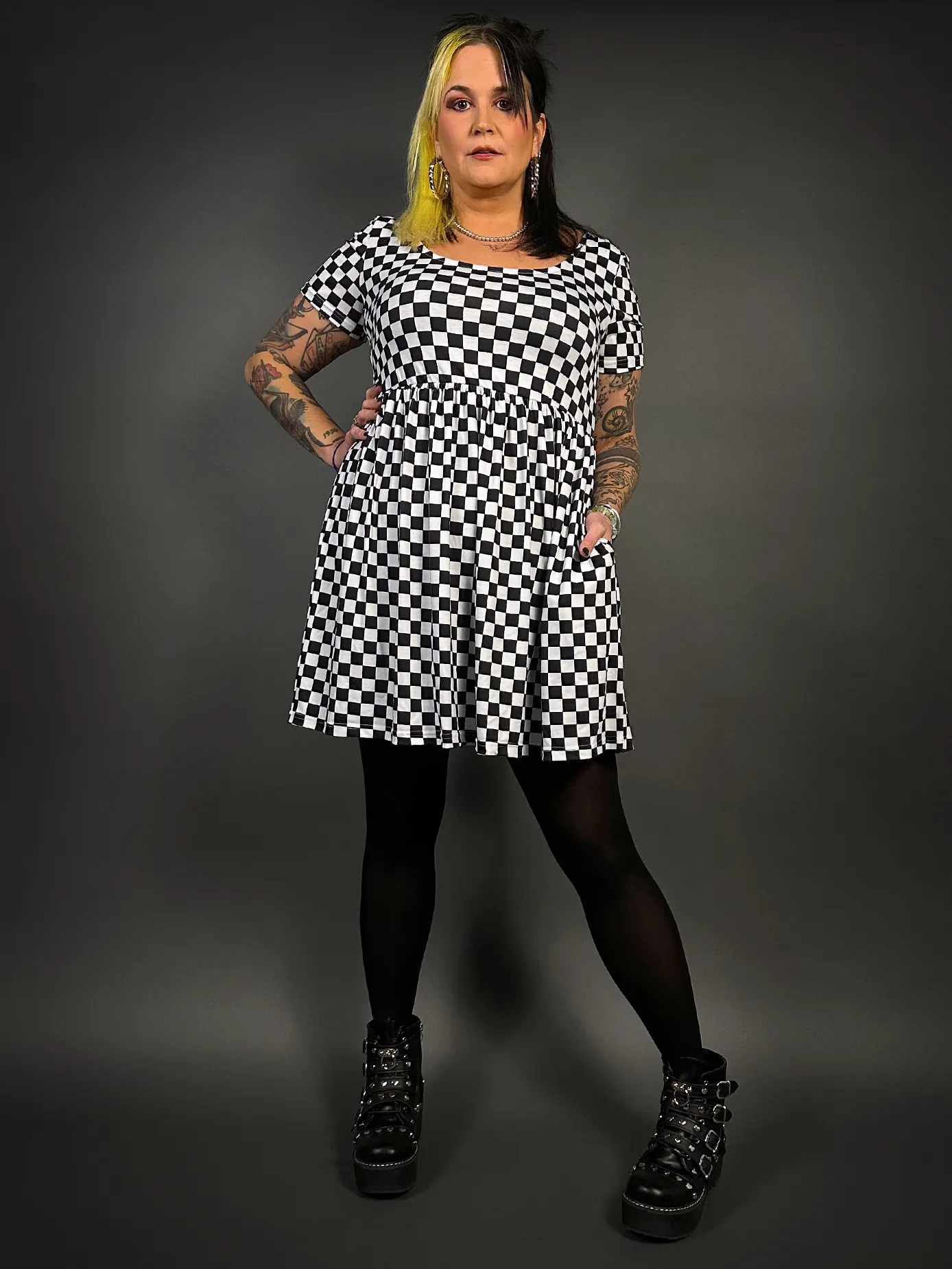 Outfit Set - Tommyrot Checkered Short Sleeve Skater Dress & Black Tights by Pamela Mann