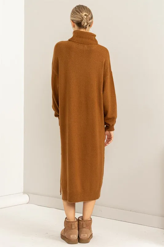 Pale Brown Too Cute Turtleneck Sweater Midi Dress