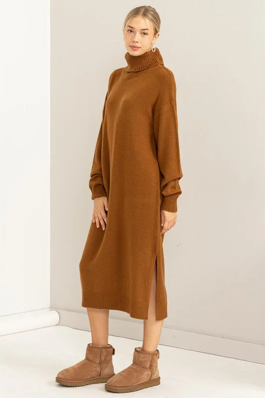 Pale Brown Too Cute Turtleneck Sweater Midi Dress