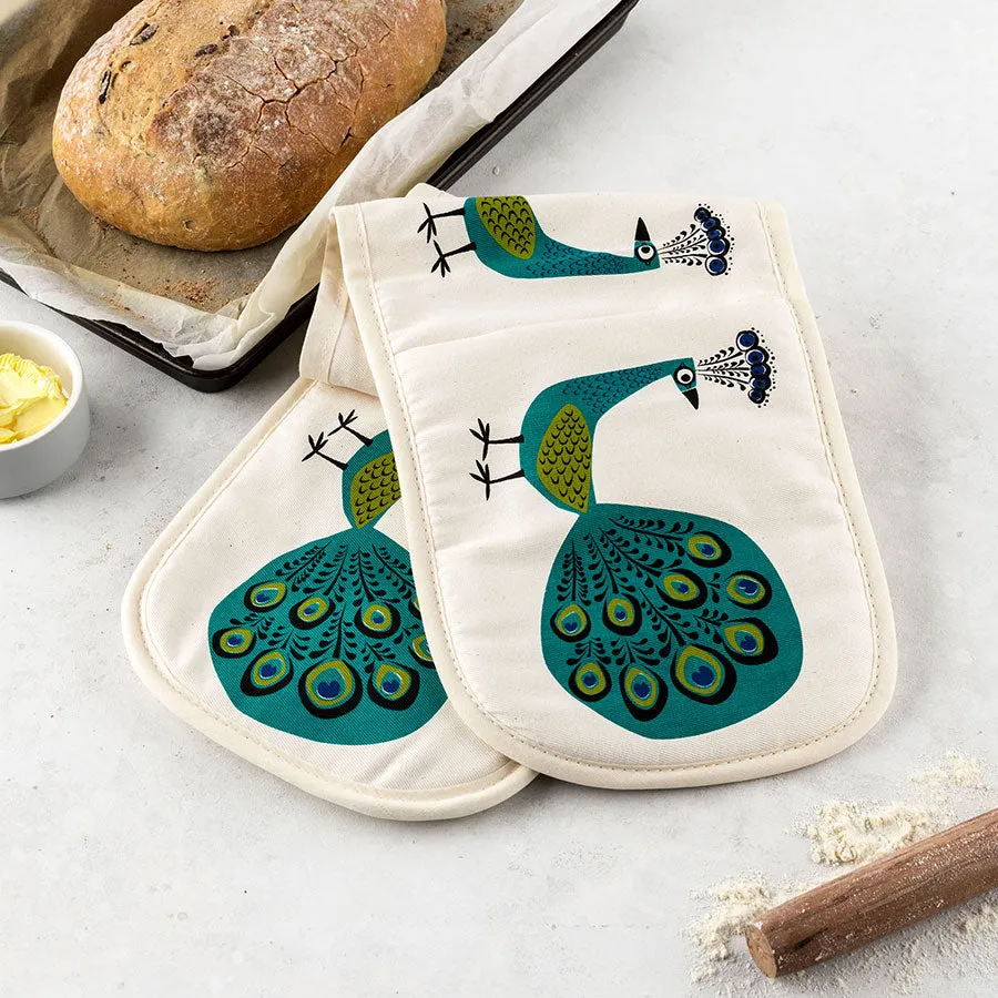 Peacock Double Oven Gloves in handprinted, organic, unbleached cotton x 4