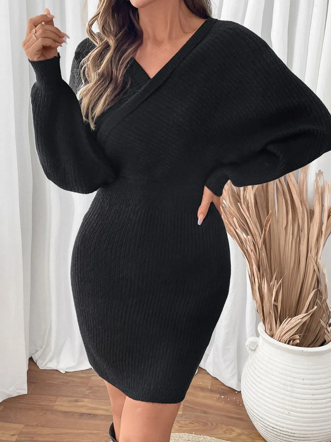 Perfee Surplice Long Sleeve Sweater Dress