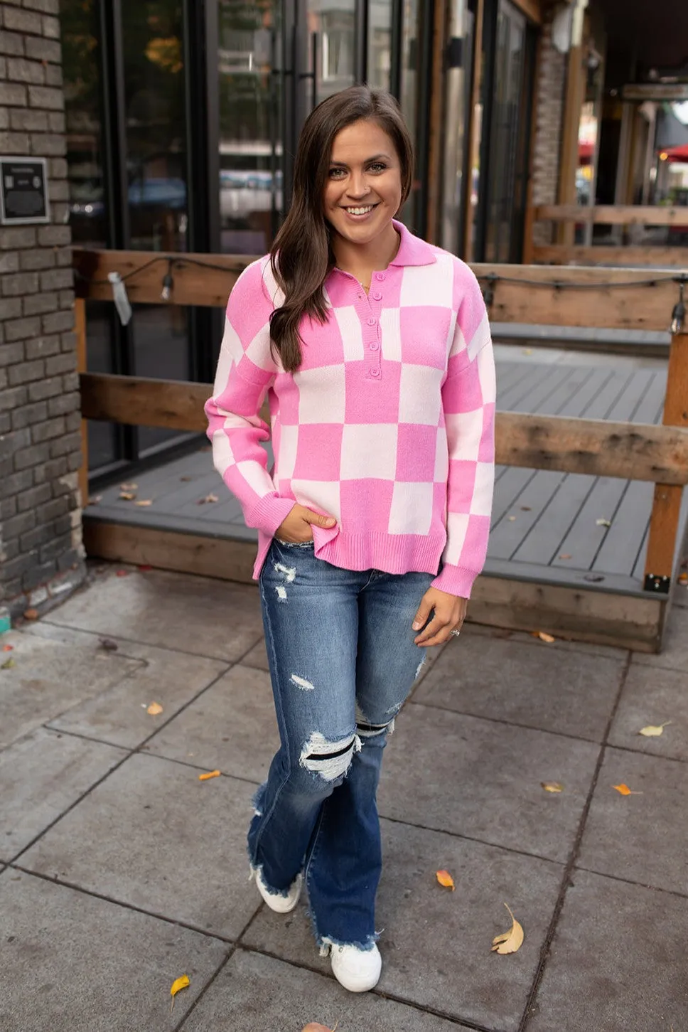 Pink Checkered Collared Sweater (SM-XL)