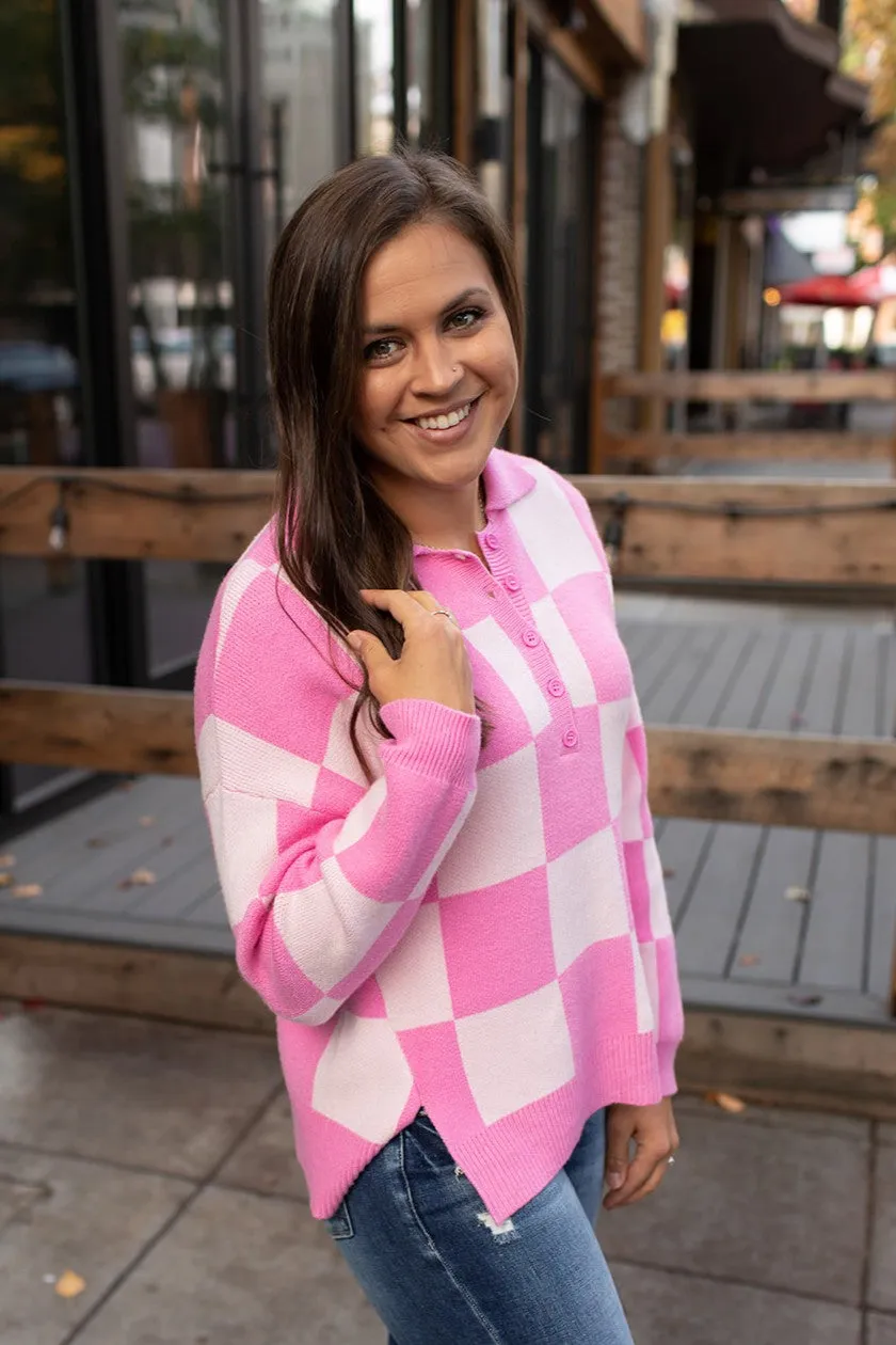 Pink Checkered Collared Sweater (SM-XL)