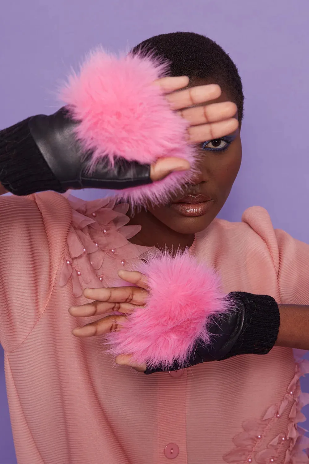 Pink Faux Fur Fingerless Gloves