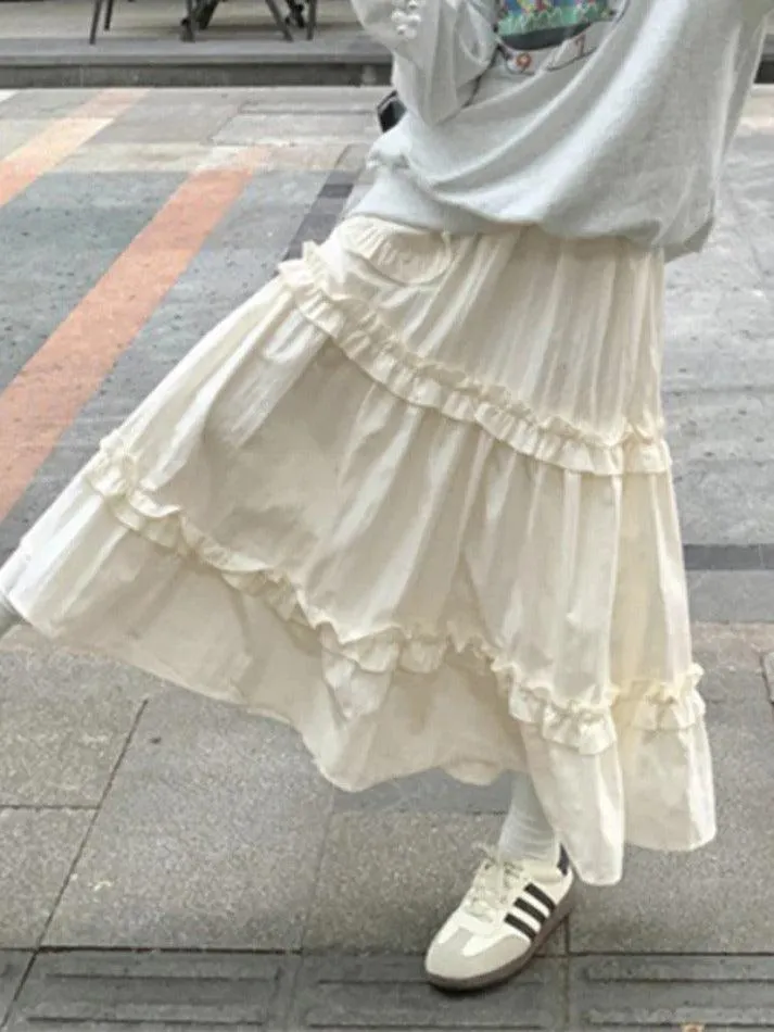 Pleated Elastic Waist Fungus Splice Tiered Midi Skirt