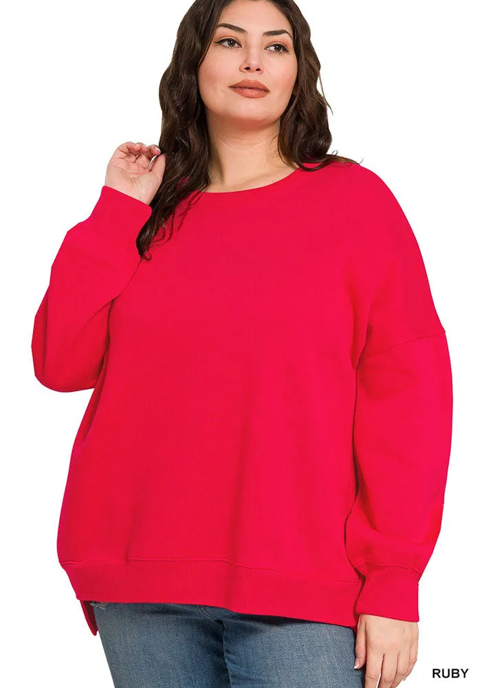 Plus Fleece Hi Low Boyfriend Sweater in Ruby by Zenana