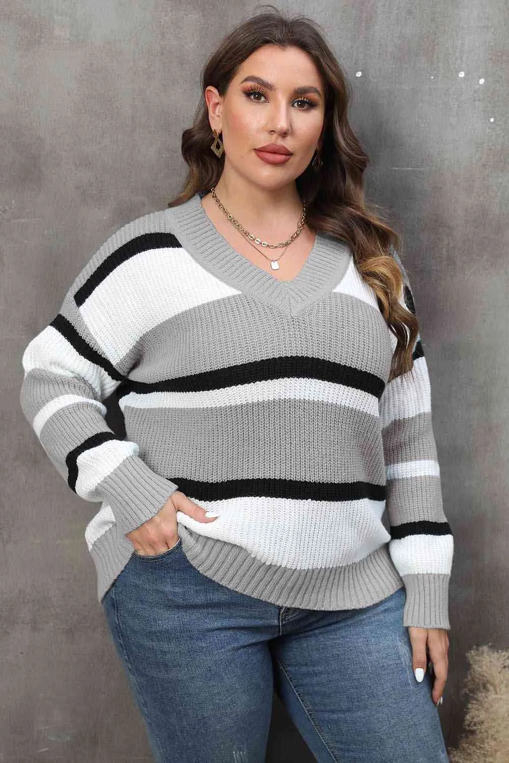 Plus Size Striped V-Neck Dropped Shoulder Sweater