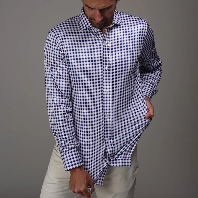 Quattro Flex Dress Shirt with Semi-Spread Collar Navy Gingham