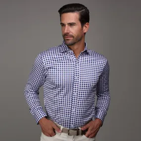 Quattro Flex Dress Shirt with Semi-Spread Collar Navy Gingham