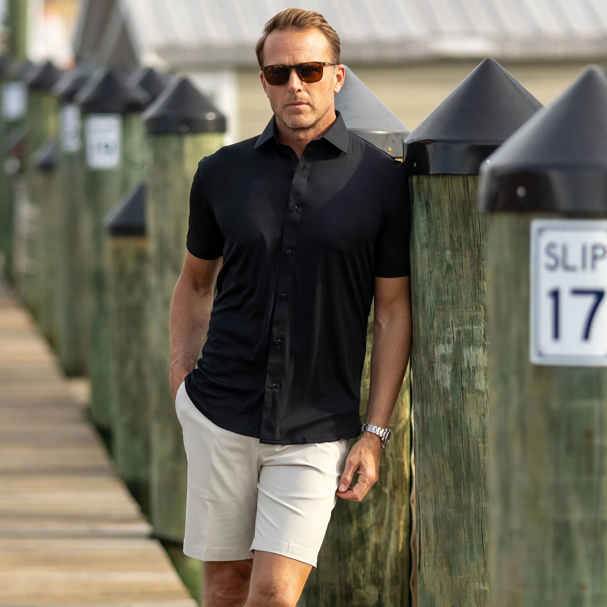 Quattro Flex Short Sleeve Button Down Black