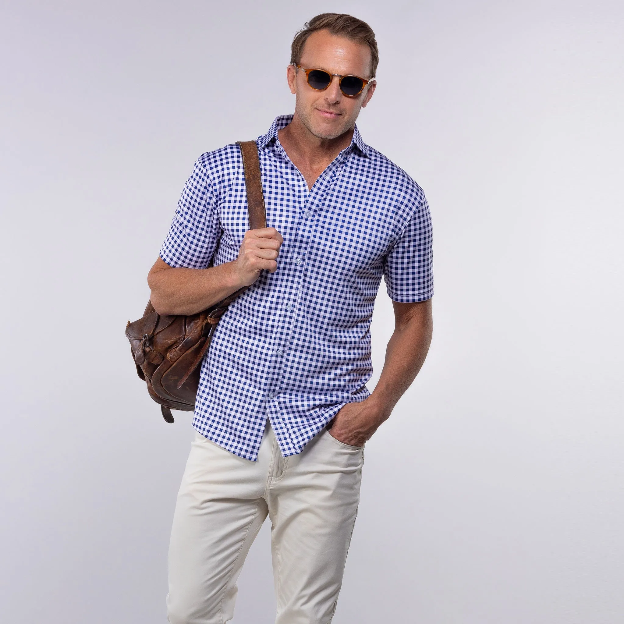 Quattro Flex Short Sleeve Button Down Navy Gingham