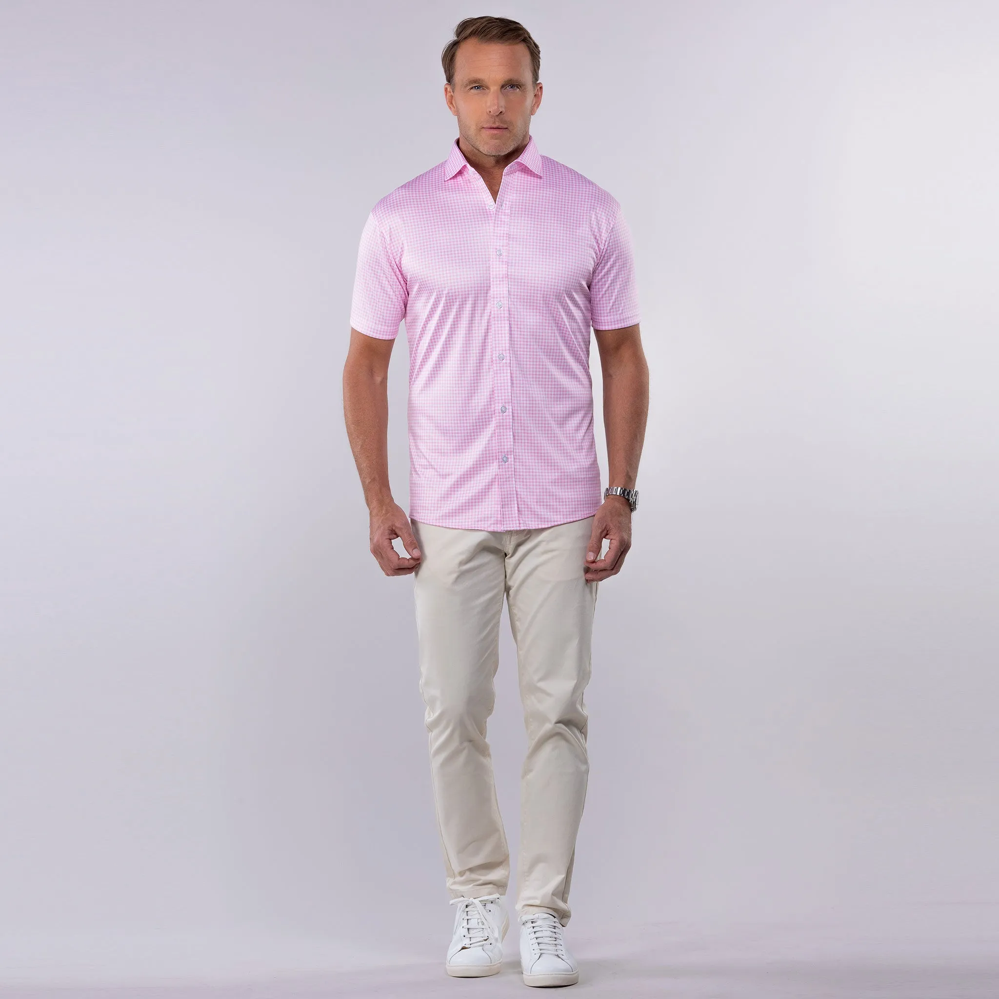 Quattro Flex Short Sleeve Button Down Pink Gingham