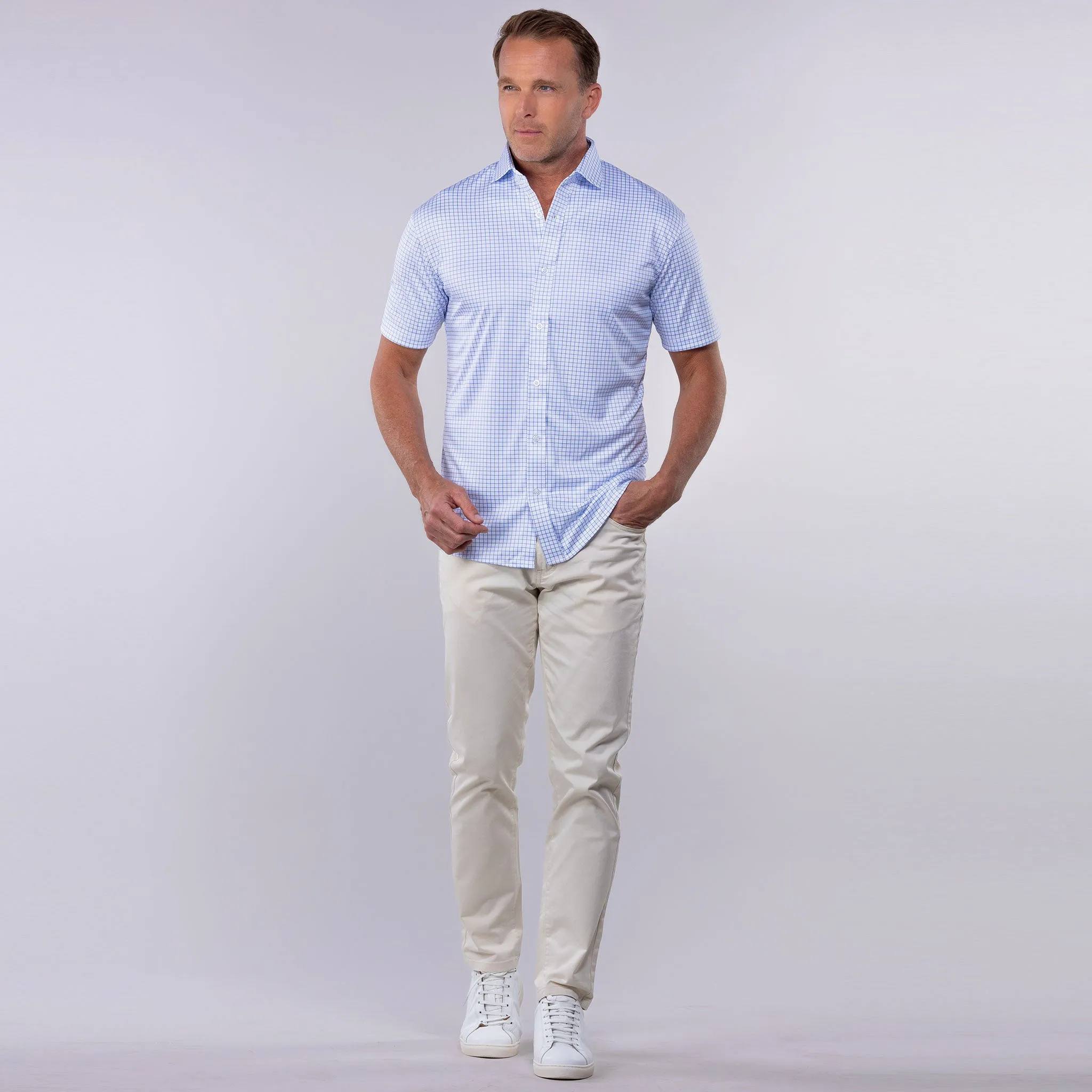 Quattro Flex Short Sleeve Button Down Thin Blue Check