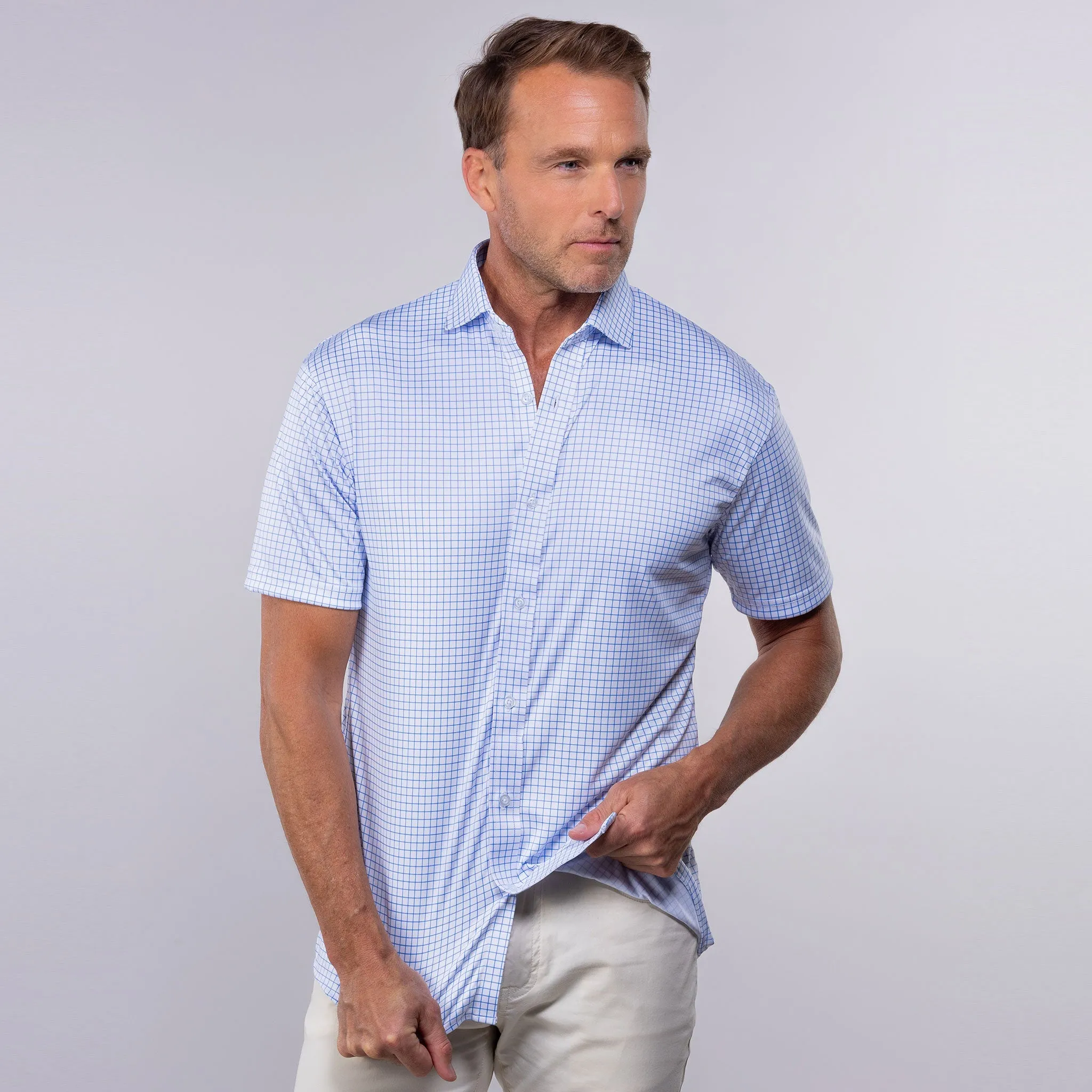 Quattro Flex Short Sleeve Button Down Thin Blue Check