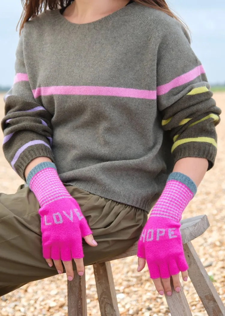 Quinton   Chadwick Fingerless Love Hope Gloves in Exotic Pink and Seaweed