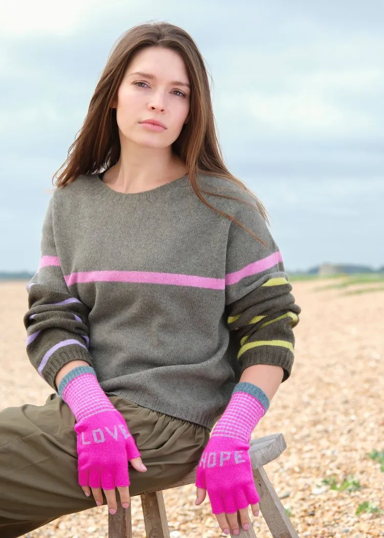 Quinton   Chadwick Fingerless Love Hope Gloves in Exotic Pink and Seaweed