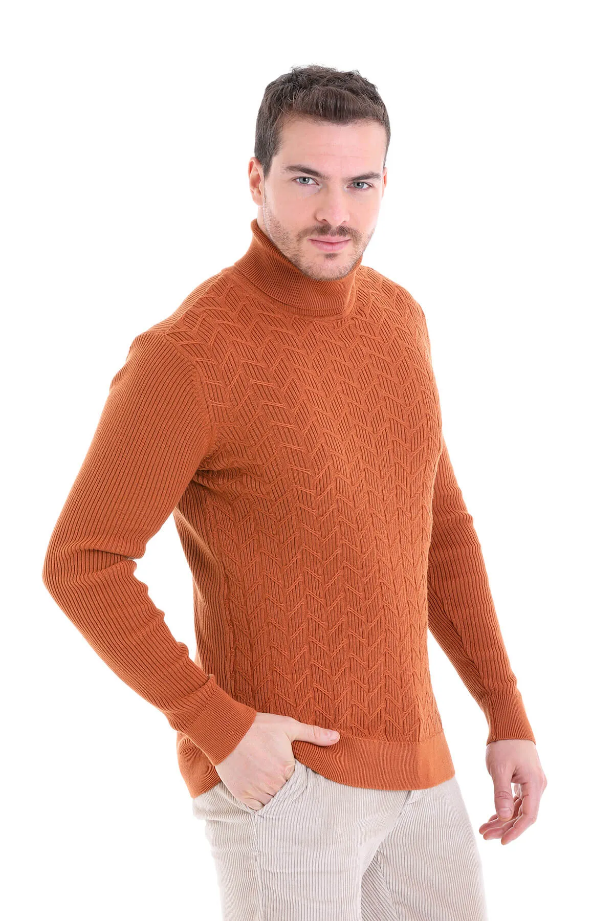 Regular Fit Brick Patterned Cotton Turtleneck Sweater