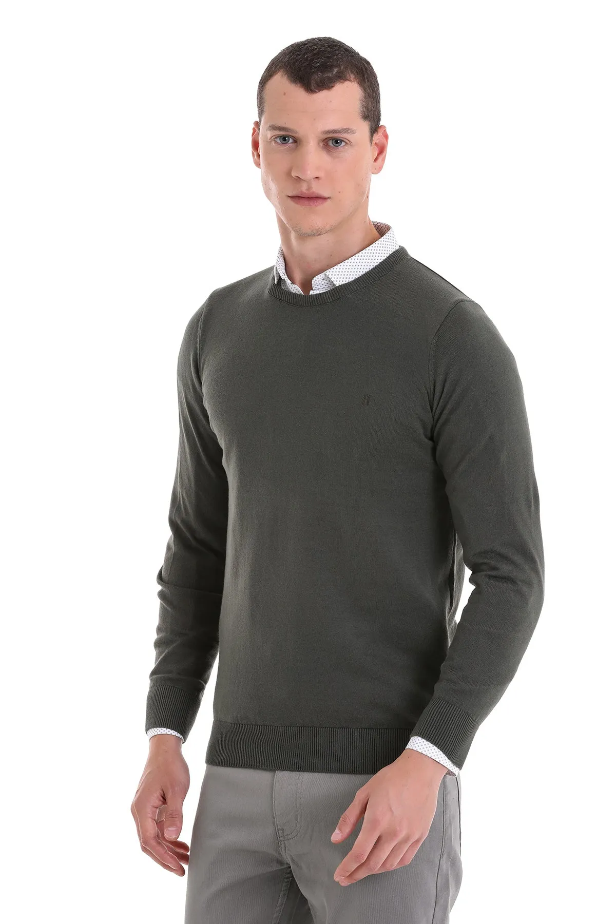 Regular Fit Cotton Khaki Crewneck Sweater