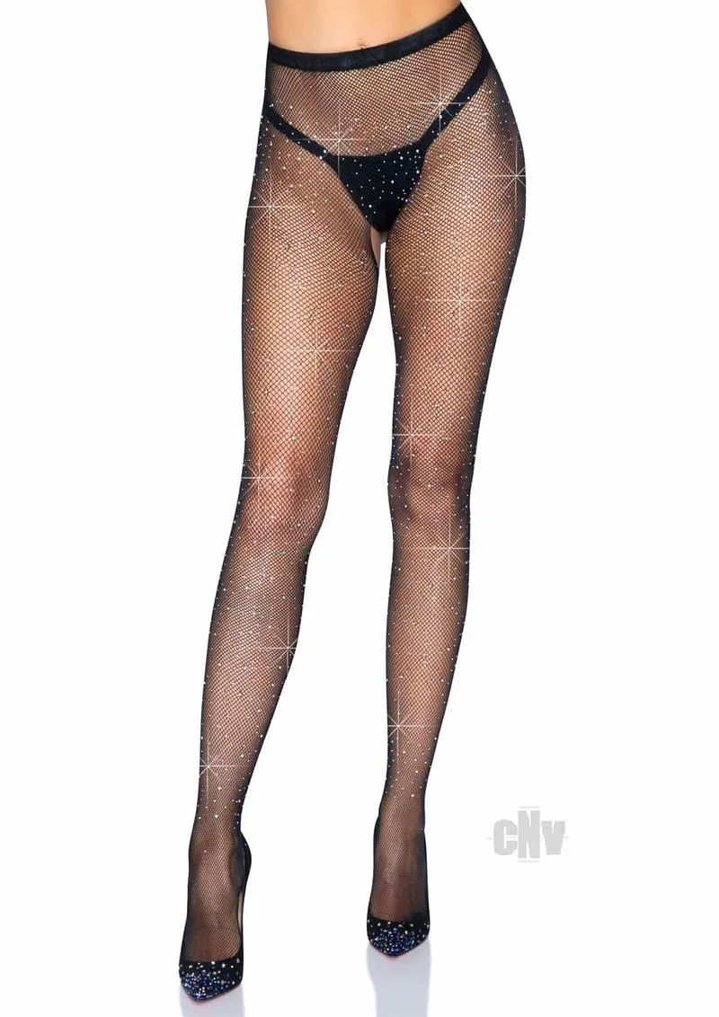 Rhinestone Fishnet Crotchless Tights - One Size -  Black