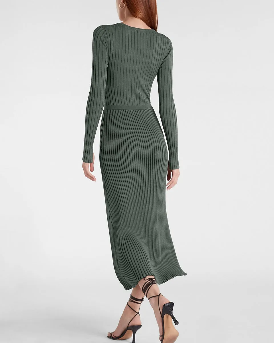 Ribbed Crew Neck Maxi Sweater Dress in Basil