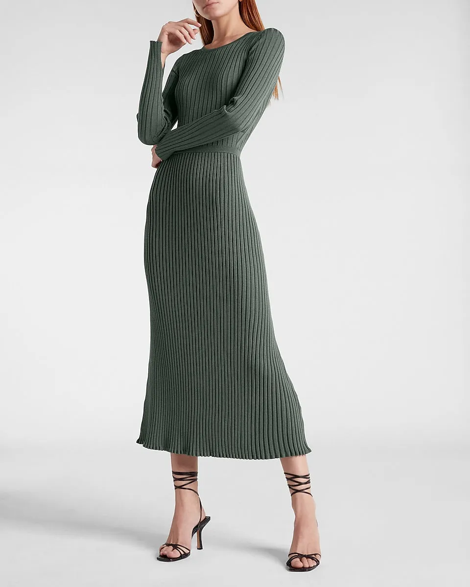 Ribbed Crew Neck Maxi Sweater Dress in Basil