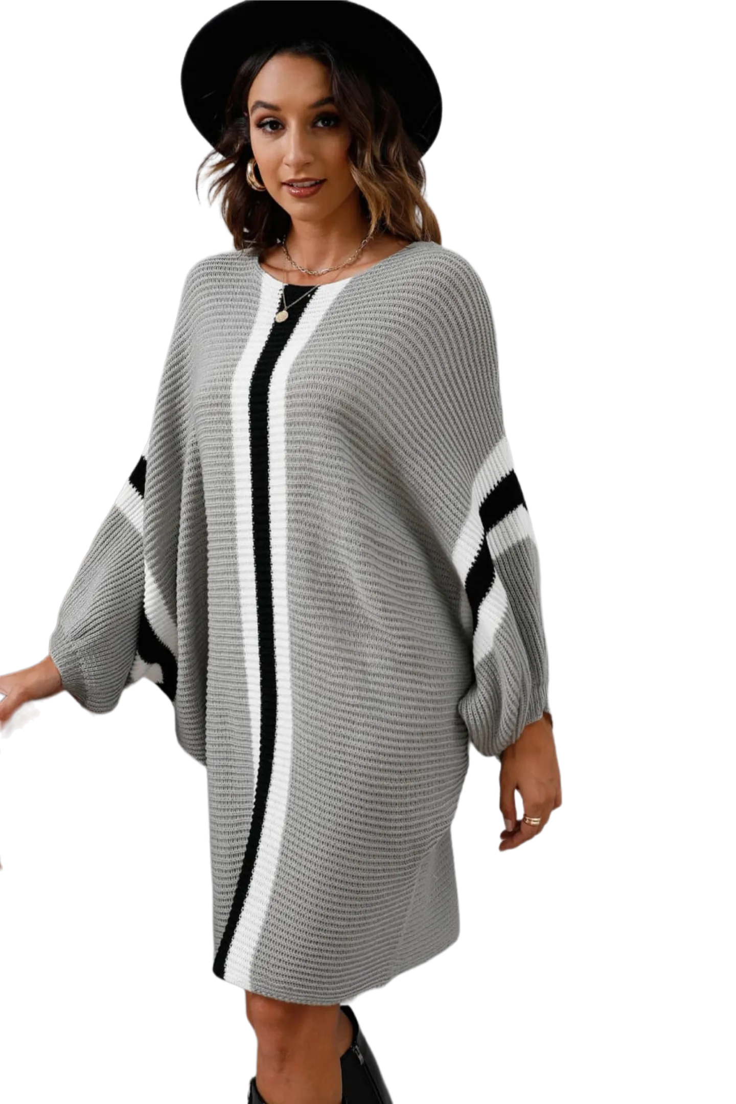 Ribbed Round Neck Long Sleeve Sweater Dress