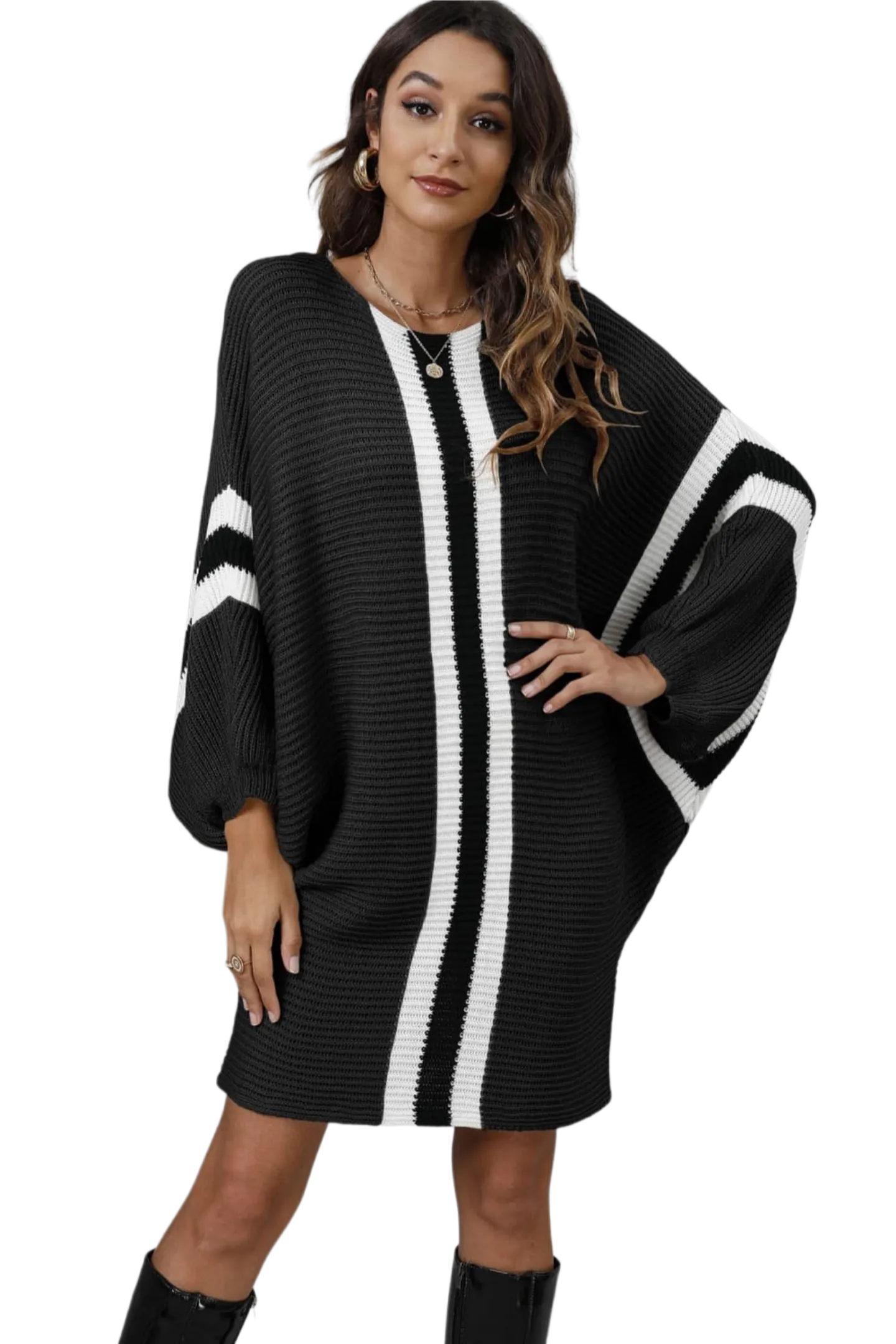 Ribbed Round Neck Long Sleeve Sweater Dress