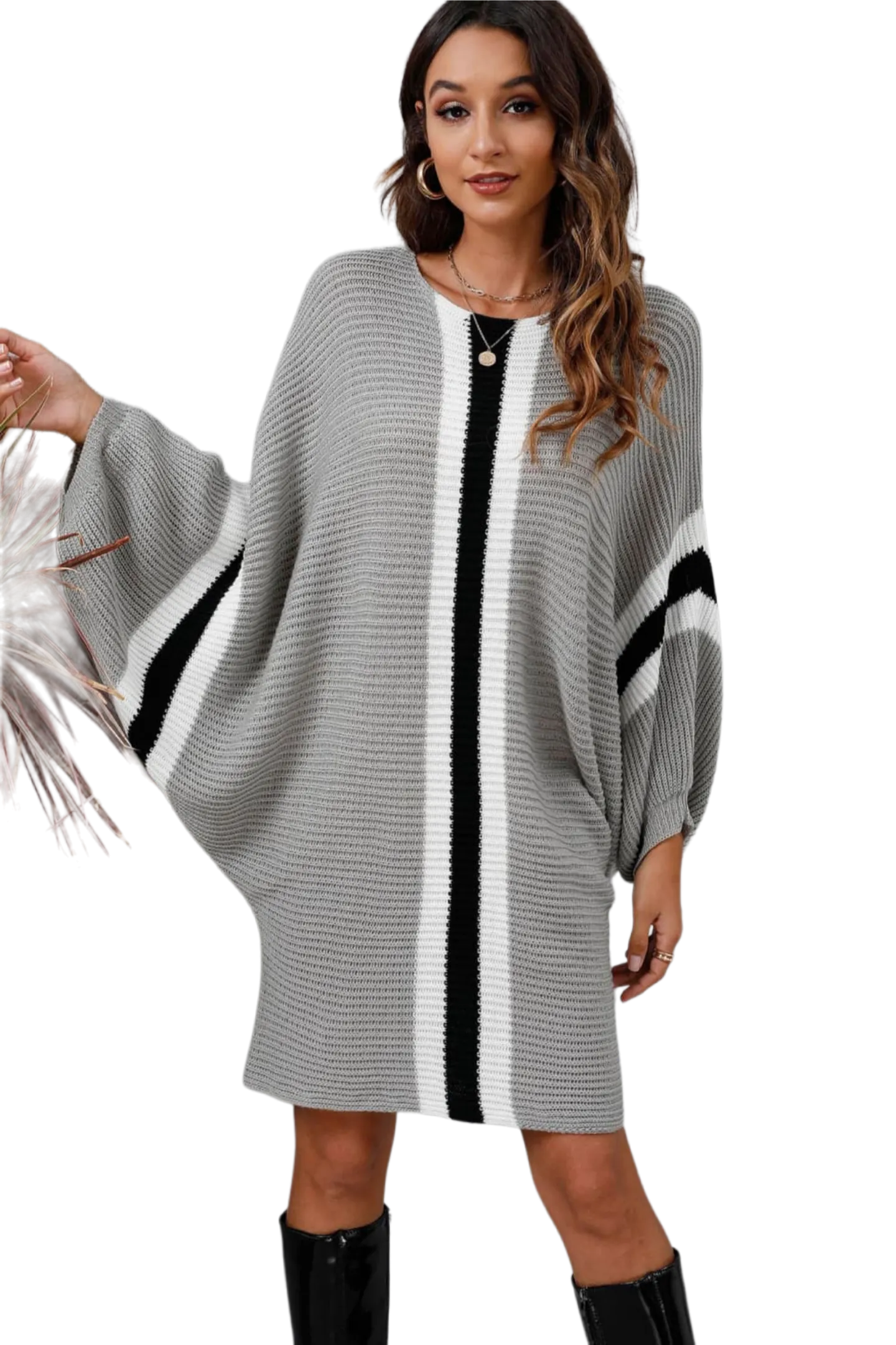 Ribbed Round Neck Long Sleeve Sweater Dress